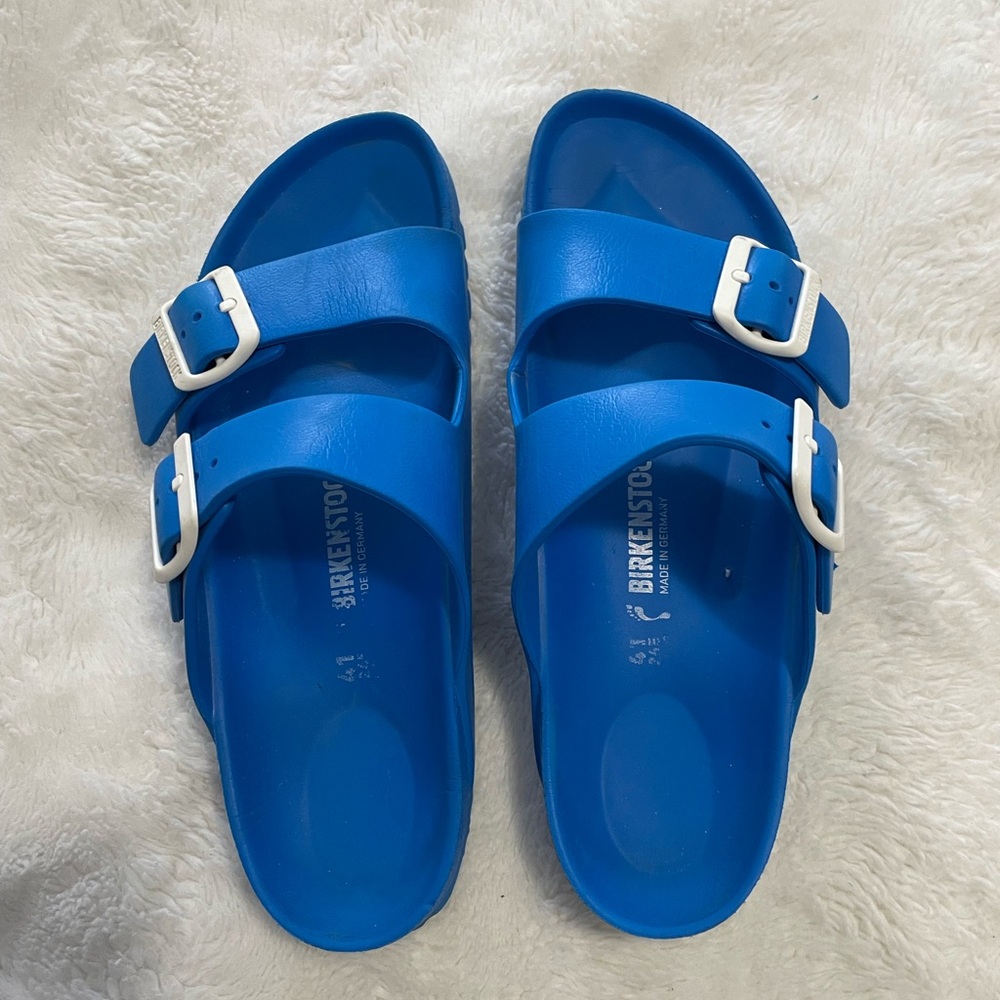Birkenstock Blue Sandals with Silver Buckles and Flat Sole